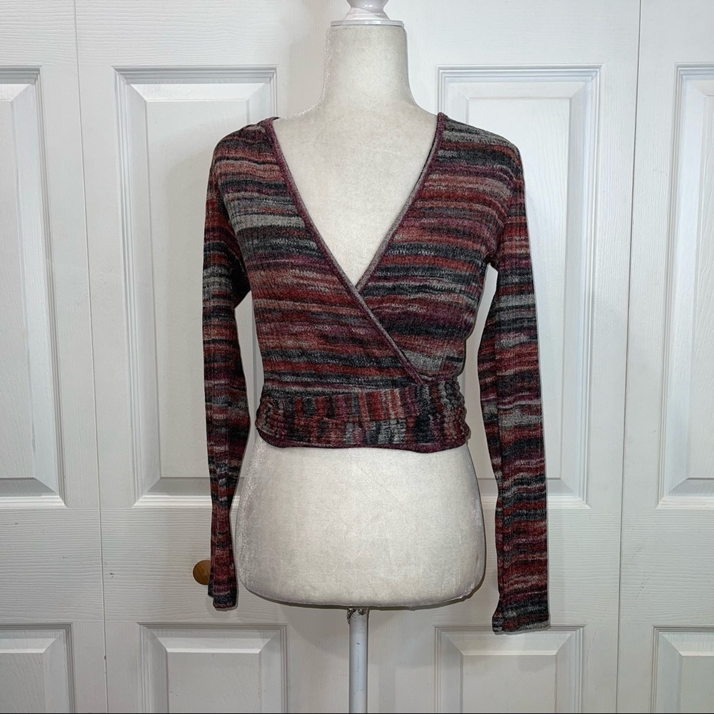 FREE PEOPLE Striped Wrap Crop Top in Maroon and Gray